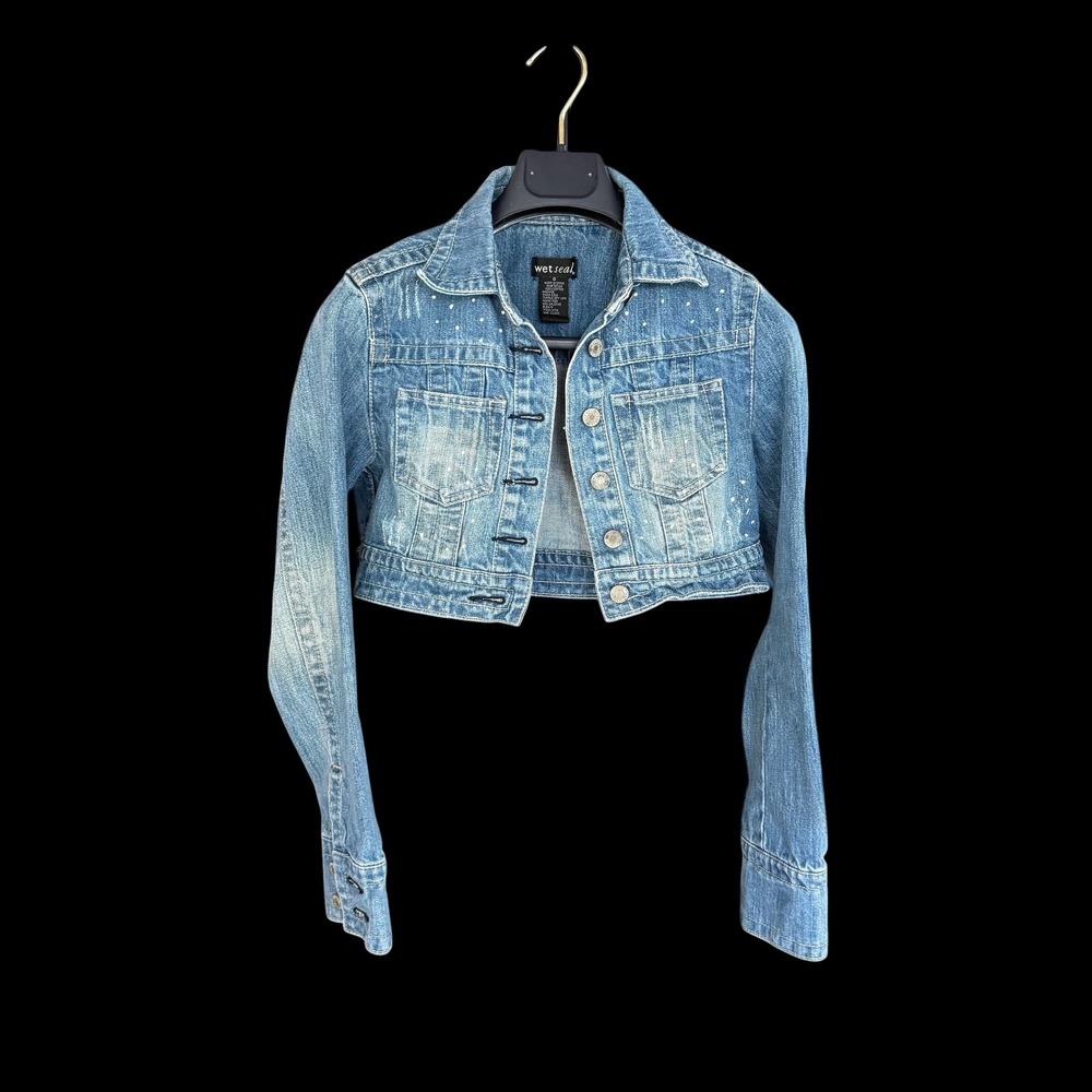Y2K Wet Seal Vintage Cropped Denim Jacket Blue Distressed Paint Y2K Small